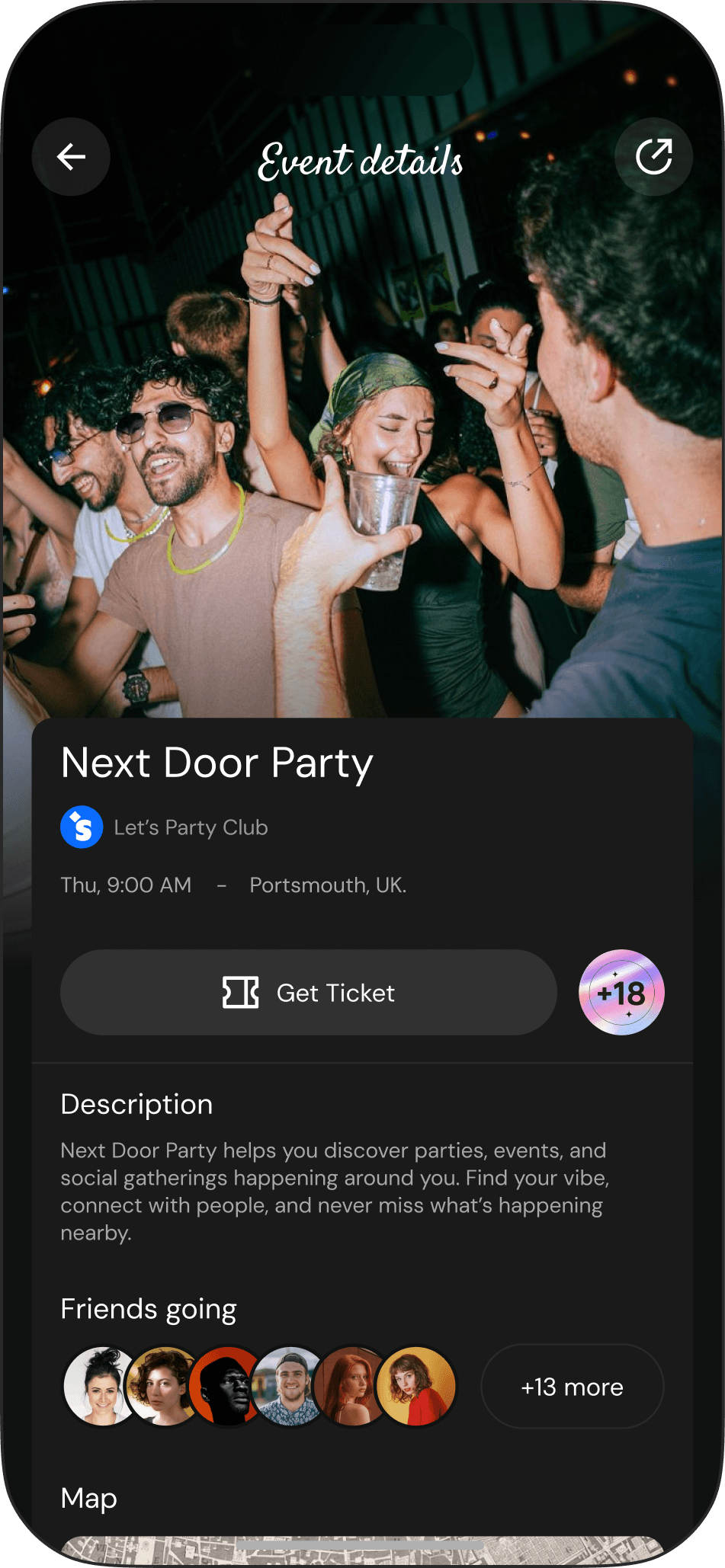 A Preelink event page showing the event, who's going, and a map